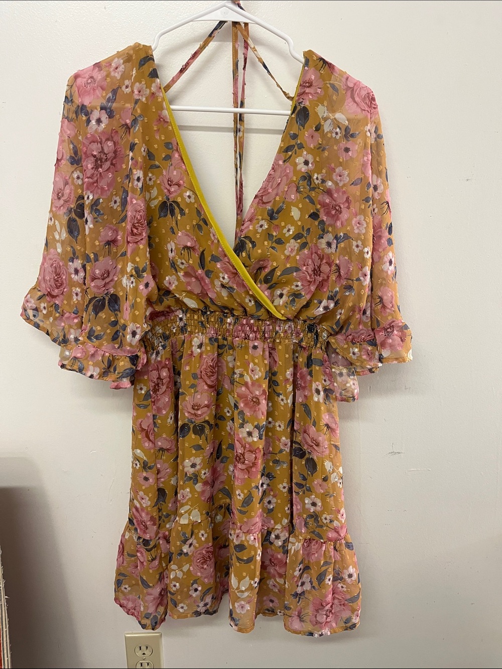 Women’s Floral Wrap Dress in Mustard and Pink